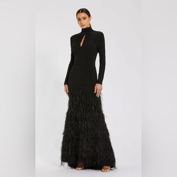 MAC DUGGAL 11839 Black Jersey Long Sleeve High Neck Feather Gown - Picture 2 of 16